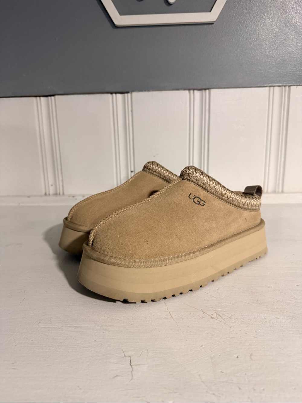 UGG Beige Suede Platform Slip-On Mules